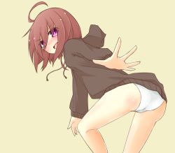 Rule 34 | 1girl, ahoge, alternate color, ass, bad id, bad pixiv id, blush, breasts, brown hair, french-bread, hood, hood down, hoodie, leaning, leaning forward, linne, mei mu, no pants, open mouth, outstretched arm, outstretched hand, panties, purple eyes, red eyes, short hair, sideboob, solo, under night in-birth, underwear, white panties