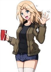 Rule 34 | 1girl, :d, black shirt, blonde hair, blue eyes, blue shorts, brown jacket, commentary, cowboy shot, cup, denim, denim shorts, disposable cup, emblem, girls und panzer, hair intakes, highres, holding, holding cup, jacket, kay (girls und panzer), long hair, long sleeves, looking at viewer, micro shorts, military, military uniform, motion lines, omachi (slabco), open clothes, open jacket, open mouth, saunders military uniform, shirt, shorts, smile, solo, standing, star (symbol), thighhighs, uniform, waving, white thighhighs