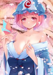 Rule 34 | 1girl, bare shoulders, blue bow, blue hat, blue kimono, bow, breasts, bug, butterfly, cleavage, collarbone, commentary request, floral print, frills, hands up, hat, highres, insect, japanese clothes, kimono, large breasts, long sleeves, looking at viewer, mob cap, momendoufu, no bra, off shoulder, petals, pink eyes, pink hair, saigyouji yuyuko, short hair, solo, touhou, triangular headpiece, upper body, veil, wide sleeves