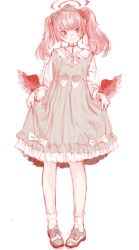 Rule 34 | ankle socks, blue archive, blush, embarrassed, feathered wings, hairband, hairpin, halo, highres, koharu (blue archive), lolita fashion, lolita hairband, low wings, md5 mismatch, multiple hairpins, pink hair, purple eyes, self-upload, socks, standing, twintails, wings