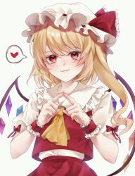 Rule 34 | 1girl, ascot, blonde hair, blush, closed mouth, collarbone, collared shirt, cowboy shot, crystal, flandre scarlet, flying sweatdrops, frilled shirt collar, frills, hat, hat ribbon, heart, heart-shaped pupils, highres, ki 1315, long hair, looking at viewer, mob cap, multicolored wings, own hands together, puffy short sleeves, puffy sleeves, red eyes, red ribbon, red skirt, red vest, ribbon, ribbon-trimmed headwear, ribbon trim, shirt, short sleeves, simple background, skirt, solo, spoken heart, symbol-shaped pupils, teeth, touhou, vest, white background, white hat, white shirt, wings, wrist cuffs, yellow ascot