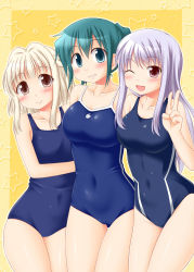Rule 34 | 3girls, ;d, blonde hair, blush, border, breasts, brown eyes, competition school swimsuit, competition swimsuit, green eyes, green hair, hidamari sketch, highres, light purple hair, looking at viewer, matsuri (hidamari sketch), multiple girls, nazuna (hidamari sketch), new school swimsuit, nori (hidamari sketch), one-piece swimsuit, one eye closed, open mouth, purple hair, school swimsuit, short hair, simple background, small breasts, smile, swimsuit, twintails, utomo, v