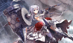 Rule 34 | 1girl, armored boots, asymmetrical bangs, blood, blood on clothes, boots, breasts, commentary request, dated, dress, elbow gloves, flower, gauntlets, gloves, grey eyes, hammer, highres, huge weapon, looking at viewer, medium breasts, over shoulder, rose, showgirl skirt, sinoalice, snow white (sinoalice), solo, thighhighs, ultramarimo, weapon, weapon over shoulder, white dress, white hair