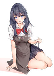Rule 34 | 10s, 1girl, apron, arm support, black hair, black skirt, blue eyes, blush, bow, bowtie, breasts, collared shirt, commentary request, full body, gridman universe, head tilt, highres, leaning to the side, lipstick, long hair, makeup, medium breasts, parted lips, pink lips, reclining, red bow, red bowtie, round teeth, sezok, shirt, short sleeves, simple background, skirt, smile, solo, ssss.gridman, takarada rikka, teeth, thigh gap, upper teeth only, white background, white shirt, wing collar