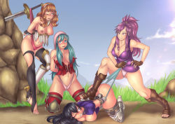 Rule 34 | 4girls, absurdres, aqua eyes, aqua hair, ass, ayra (fire emblem), black hair, blue eyes, bottomless, breasts, celica (fire emblem), domination, eirika (fire emblem), fire emblem, fire emblem: genealogy of the holy war, fire emblem: the sacred stones, fire emblem echoes: shadows of valentia, highres, humiliation, marisa (fire emblem), multiple girls, nintendo, object on head, omegalife, on ground, one eye closed, orange eyes, orange hair, panties, panties on head, pink eyes, pink hair, ponytail, sword, torn clothes, underwear, weapon, wedgie