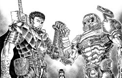 Rule 34 | 2boys, armor, berserk, black hair, cacodemon, character request, clenched hand, crossover, cyclops, dagger, doom (series), doomguy, eye contact, fist bump, greyscale, gun, guts (berserk), helmet, highres, horns, knife, looking at another, missing eye, monochrome, multiple boys, muscular, muscular male, one-eyed, pouch, power armor, sheath, sheathed, standing, substance20, sword, weapon