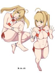 Rule 34 | 1girl, adjusting clothes, adjusting swimsuit, ahoge, anklet, bad id, bad twitter id, bare shoulders, barefoot, bikini, blonde hair, blush, bracelet, breasts, cleavage, collarbone, dated, earrings, fate/grand order, fate (series), feet, green eyes, hair intakes, halterneck, jewelry, knee to chest, large breasts, long hair, looking at viewer, looking to the side, michihasu, navel, nero claudius (fate), nero claudius (fate) (all), nero claudius (swimsuit caster) (fate), open mouth, side-tie bikini bottom, simple background, string bikini, striped bikini, striped clothes, swimsuit, thighs, twintails, white background