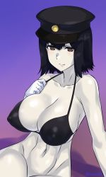 Rule 34 | 10s, 1girl, abs, akitsu maru (kancolle), arm support, bikini, bikini top only, black bikini, black hair, black hat, blush, bottomless, breasts, brown eyes, closed mouth, collarbone, colored skin, covering crotch, covering privates, cowboy shot, gloves, gradient background, grey eyes, groin, hair between eyes, halterneck, hand on own chest, hat, kantai collection, large breasts, leaning, legs together, looking at viewer, military hat, mizuumi (bb), navel, out-of-frame censoring, pale skin, peaked cap, perky breasts, purple background, shadow, short hair, sideboob, sitting, skindentation, smile, solo, strap pull, string bikini, swimsuit, thighs, toned, twitter username, white gloves, white skin