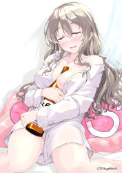 Rule 34 | 1girl, between breasts, blush, bottle, bottomless, breasts, cleavage, collarbone, dress shirt, eyebrows, closed eyes, grey hair, hair between eyes, kantai collection, large breasts, long hair, long sleeves, mikage takashi, naked shirt, no bra, open clothes, open mouth, open shirt, pillow, pola (kancolle), sake bottle, shirt, sleeping, solo, thick eyebrows, twitter username, wavy hair, white shirt, yes, yes-no pillow