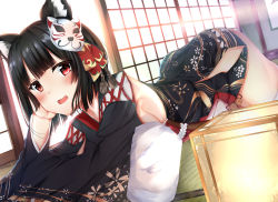 Rule 34 | 1girl, :d, absurdres, animal ears, azur lane, bare shoulders, bell, black hair, black kimono, blush, breasts, cat ears, cat mask, detached sleeves, eyebrows, facing away, fang, floor, from side, hair ribbon, hand on own head, highres, hiragi ringo, indoors, japanese clothes, jingle bell, kimono, long sleeves, looking at viewer, lying, mask, mask on head, medium breasts, no bra, on stomach, open mouth, red eyes, red ribbon, ribbon, short hair, short kimono, sideboob, smile, solo, straight hair, tassel, tatami, thighhighs, tongue, white thighhighs, wide sleeves, yamashiro (azur lane)