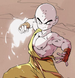 1boy bald bald_male black_eyes dragon_ball kuririn looking_at_viewer monk muscular muscular_male nipples serious shaolin_monk solo