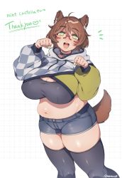 Rule 34 | 1girl, abstract background, absurdres, ahoge, animal ear fluff, animal ears, bad id, bad twitter id, belly, breasts, brown hair, cleavage, commission, dog girl, framed breasts, green eyes, grid background, hair between eyes, highres, huge breasts, indie virtual youtuber, large breasts, looking at viewer, mint castella, muroku (aimichiyo0526), open mouth, plump, second-party source, short hair, short shorts, shorts, skeb commission, smile, solo, thick thighs, thighhighs, thighs, virtual youtuber, white background