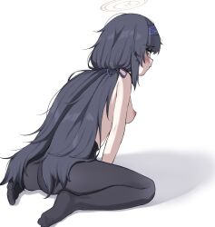 Rule 34 | 1girl, ass, black hair, black pantyhose, blue archive, blue eyes, blue hair, blush, breasts, feet, halo, highres, long hair, looking at viewer, looking back, low twintails, nipples, no shoes, pantyhose, shadow, simple background, sitting, small breasts, soles, solo, topless, twintails, ui (blue archive), uxu, very long hair, white background