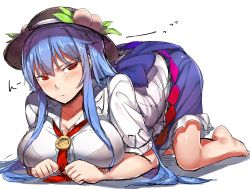 Rule 34 | 1girl, barefoot, black hat, blue hair, blue skirt, blush, breast press, breasts, cleavage, food, frills, frown, fruit, full body, hat, highres, hinanawi tenshi, large breasts, leaf, long hair, looking at viewer, necktie, neropaso, peach, rainbow order, red eyes, red necktie, shirt, short sleeves, sketch, skirt, solo, top-down bottom-up, touhou, white shirt