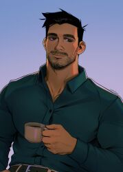 Rule 34 | 1boy, absurdres, bara, belt, black belt, black hair, closed mouth, collared shirt, cup, facial hair, gradient background, green shirt, highres, holding, holding cup, large pectorals, male focus, muscular, muscular male, original, pectorals, seupil hyugo (spirohugo), shirt, short hair, simple background, smile, solo, upper body