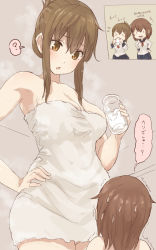 Rule 34 | &gt; &lt;, 10s, 2girls, alternate breast size, blush, breasts, brown eyes, brown hair, chibi, collarbone, cup, drinking, drinking glass, closed eyes, folded ponytail, giant, giantess, glass, growth, hair flaps, hand on own hip, height difference, highres, holding, holding cup, holding drinking glass, ikazuchi (kancolle), inazuma (kancolle), kantai collection, large breasts, long hair, looking at viewer, looking down, looking up, milk, multiple girls, naked towel, aged up, open mouth, ponytail, short hair, size difference, speech bubble, towel, translated, trembling, uru (uru0000)