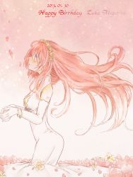 Rule 34 | 1girl, 4ki-nd, bad id, bad pixiv id, bracelet, character name, cleavage cutout, clothing cutout, dated, dress, elbow gloves, flower, gloves, hair wreath, happy birthday, head wreath, jewelry, long hair, megurine luka, petals, pink hair, profile, solo, very long hair, vocaloid