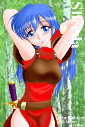 Rule 34 | 1girl, blue eyes, blue hair, blush, caeda (fire emblem), character name, copyright name, eyebrows, female focus, fire emblem, forest, hissaa (starlight express), long hair, matching hair/eyes, nature, nintendo, outdoors, pelvic curtain, photo background, smile, solo, weapon