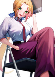 Rule 34 | 1girl, absurdres, belt, blue bow, bow, breasts, brown hair, chair, eyes visible through hair, green eyes, hand in pocket, highres, holding, kuroi nanako, large breasts, long hair, looking at viewer, lucky star, necktie, open mouth, ponytail, red necktie, rororo, shirt, simple background, sitting, solo, uniform, very long hair, white background, white shirt