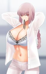 Rule 34 | 1girl, arms behind head, arms up, bra, braid, braided ponytail, breasts, cleavage, collarbone, collared shirt, dress shirt, fate/grand order, fate (series), florence nightingale (fate), folded ponytail, gachou, highres, large breasts, long hair, long sleeves, looking at viewer, mouth hold, navel, open clothes, open shirt, pantyhose, pink hair, red eyes, shirt, tying hair, underwear, white bra, white pantyhose, white shirt
