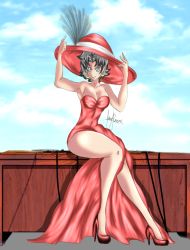 Rule 34 | 1girl, arms up, betty boop, betty boop (character), black eyes, black hair, breasts, desk, dilane93, dress, earrings, female focus, hat, high heels, highres, jewelry, long dress, long legs, looking at viewer, on desk, red dress, short hair, sitting, on desk, solo, stiletto heels, thick thighs, thighs
