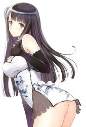 Rule 34 | 1girl, absurdres, ass, black gloves, black hair, blue eyes, blush, china dress, chinese clothes, dress, elbow gloves, flower, gloves, hair flower, hair ornament, highres, long hair, looking at viewer, no panties, original, panties, ping-yi (tony taka), scan, shiny skin, simple background, smile, solo, tony taka, underwear, white background