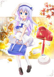 Rule 34 | 1girl, :o, autumn, autumn leaves, beret, blue eyes, blue necktie, blush, buttons, chinese commentary, double-breasted, gochuumon wa usagi desu ka?, hair ornament, hairclip, hand on headwear, hat, highres, kafuu chino, kafuu chino&#039;s school uniform, kneehighs, light purple hair, loafers, long hair, looking at viewer, mailbox (incoming mail), midriff peek, miniskirt, necktie, open mouth, painter-lhb, puffy short sleeves, puffy sleeves, sailor collar, school uniform, shirt, shoes, short sleeves, skirt, socks, solo, tippy (gochiusa), uniform, white hat, white sailor collar, white shirt, white skirt, white socks, x hair ornament