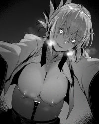 Rule 34 | 1girl, bar censor, braid, braided ponytail, breasts, censored, collarbone, fate/grand order, fate (series), florence nightingale (fate), glowing, glowing eyes, greyscale, highres, hxd, imminent penetration, imminent rape, jacket, large breasts, leaning forward, licking lips, long hair, long sleeves, looking at viewer, military jacket, monochrome, nipples, pussy, smile, solo, sweat, thighs, tongue, tongue out, you gonna get eaten, you gonna get raped