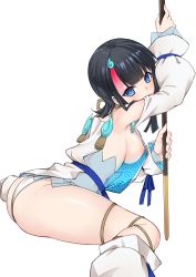 Rule 34 | 1girl, absurdres, ass, baicha, black hair, blue eyes, blush, breasts, dress, fate/grand order, fate/requiem, fate (series), from side, fundoshi, highres, holding, japanese clothes, large breasts, looking at viewer, looking back, magatama hair ornament, medium hair, multicolored hair, nipples, seigaiha, short dress, short hair, sideboob, simple background, sitting, solo, staff, streaked hair, two-sided fabric, two-sided skirt, utsumi erice, wariza, white background