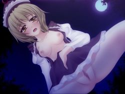 Rule 34 | 1girl, bad id, bad pixiv id, blonde hair, breasts, censored, dutch angle, female focus, hat, lunasa prismriver, moon, night, nipples, no panties, onsen tamago (nurumayu onsen), open clothes, open shirt, pussy, shirt, short hair, small breasts, solo, spread legs, touhou, yellow eyes