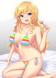 Rule 34 | 1girl, :d, bare arms, bare legs, bare shoulders, barefoot, bed sheet, bikini, blonde hair, blue eyes, blush, bow, breasts, candy, cleavage, collarbone, colored stripes, commentary request, food, front-tie bikini top, front-tie top, gradient background, grey background, highres, holding, holding food, idolmaster, idolmaster cinderella girls, large breasts, lollipop, long hair, looking at viewer, multicolored bow, navel, o-ring, o-ring bikini, o-ring top, ohtsuki yui, on bed, open mouth, ribbon, side-tie bikini bottom, sidelocks, sitting, smile, solo, stomach, striped bikini, striped clothes, swept bangs, swimsuit, tomajiyama, very long hair, wavy hair, white ribbon, yokozuwari