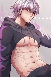Rule 34 | 1boy, abs, absurdres, areola slip, arm support, aura, bare pectorals, brand name imitation, closed mouth, commentary, cropped hoodie, drawstring, edie crop hoodie, english commentary, evomanaphy, fire emblem, fire emblem awakening, grima (fire emblem), groin, hair between eyes, highres, hood, hood down, hoodie, leaning back, long sleeves, lowleg, male focus, meme attire, muscular, muscular male, nintendo, nipple slip, nipples, pectorals, red eyes, robin (fire emblem), robin (male) (fire emblem), short hair, silver hair, sitting, solo, stomach