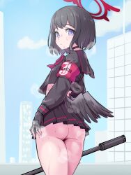 Rule 34 | 1girl, ass, black hair, blue archive, gun, halo, highres, looking at viewer, mashiro (blue archive), no panties, purple eyes, red halo, school uniform, short hair, sirachi, solo, standing, sweat, thighs, weapon