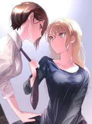 Rule 34 | 2girls, bang dream!, blonde hair, blue shirt, brown eyes, brown hair, closed mouth, collarbone, collared shirt, commentary, eye contact, hand on another&#039;s thigh, highres, kirigaya toko, long hair, looking at another, multiple girls, necktie, necktie grab, neckwear grab, pine (pinepipp), shirt, short hair, sleeves rolled up, symbol-only commentary, underwear, white shirt, yashio rui, yuri