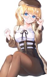 Rule 34 | 1girl, adjusting eyewear, black skirt, blonde hair, blue eyes, blush, breasts, brown hat, brown jacket, brown pantyhose, collarbone, commentary, feet out of frame, glasses, grin, hair ornament, hat, high-waist skirt, highres, hololive, hololive english, jacket, long sleeves, looking at viewer, medium hair, miniskirt, pantyhose, plaid, plaid jacket, shirt, sitting, skirt, smile, solo, virtual youtuber, warayanuko, watson amelia, watson amelia (street casual), white background, white shirt