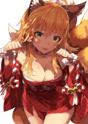 Rule 34 | 10s, 1girl, ahoge, animal ears, bad id, bad pixiv id, bare shoulders, bell, blonde hair, blush, breasts, cleavage, commentary request, fang, fox ears, fox tail, green eyes, highres, hoshii miki, idolmaster, idolmaster (classic), idolmaster million live!, japanese clothes, jingle bell, kimono, long hair, looking at viewer, medium breasts, multiple tails, narumi arata, paw pose, revision, short kimono, simple background, smile, solo, tail, white background