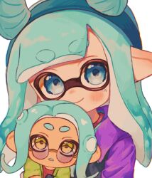 Rule 34 | 2girls, blue eyes, blue hair, blue hairband, closed mouth, commentary request, eyebrows hidden by hair, fake horns, hairband, highres, horn hairband, horns, inkling, inkling girl, inkling player character, long hair, looking at viewer, medium hair, mini person, minigirl, multiple girls, nintendo, ochocho2828, octoling, octoling girl, octoling player character, parted lips, pointy ears, round eyewear, simple background, smile, splatoon (series), tentacle hair, thick eyebrows, white background, yellow eyes