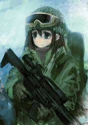 Rule 34 | 1girl, assault rifle, bad id, bad pixiv id, female focus, gloves, goggles, gun, highres, lm7 (op-center), military operator, rifle, solo, vest, weapon