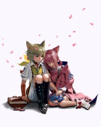 Rule 34 | 2girls, animal ears, black footwear, blonde hair, blue eyes, book, boots, bow, brown choker, cat ears, choker, closed eyes, coat, dragon, falling petals, final fantasy, final fantasy xiv, footwear bow, hair ornament, hand on another&#039;s hand, head on another&#039;s shoulder, hollizho, jewelry, khloe aliapoh, multiple girls, neckerchief, necklace, petals, pink coat, pink hair, pink petals, red bow, ribbon, scarf, shadow, shirt, short hair, simple background, t&#039;kebbe, white background, white footwear, white shirt, yellow neckerchief, yellow scarf