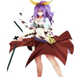 Rule 34 | 1girl, absurdres, blue bra, bow, bra, bracelet, breasts, broken, broken sword, broken weapon, collarbone, collared shirt, commentary request, dress, frown, hair ribbon, highres, jewelry, large breasts, legs, long hair, looking at viewer, ponytail, purple eyes, purple hair, ribbon, shaded face, shirt, solo, standing, stomach, sword, thighs, tk31, torn bra, torn clothes, torn dress, torn shirt, touhou, transparent background, underwear, watatsuki no yorihime, weapon, white background, yellow bow