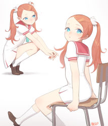 Rule 34 | 1girl, absurdres, blue eyes, blue necktie, brown footwear, chair, closed mouth, commentary, dress, english commentary, from side, highres, loafers, long hair, looking at viewer, necktie, orange hair, original, own hands together, parted lips, pumpkinspicelatte, red sailor collar, sailor collar, sailor dress, school chair, shoes, short sleeves, signature, sitting, socks, solo, squatting, tiptoes, twintails, uniform, white dress, white socks