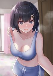 Rule 34 | 1girl, black hair, blue shorts, blush, bra, bra pull, breasts, clothes pull, hair ornament, hairclip, heavy breathing, highres, large breasts, looking at viewer, midriff, navel, nohhun, open mouth, original, short hair, shorts, solo, sports bra, sports bra pull, standing, strap pull, sweat, underwear