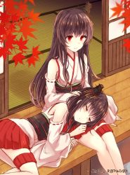 Rule 34 | 10s, 2017, 2girls, brown hair, commentary request, dated, detached sleeves, closed eyes, fusou (kancolle), hand in another&#039;s hair, japanese clothes, kabocha torute, kantai collection, lap pillow, long hair, miko, miniskirt, multiple girls, obi, red eyes, red skirt, sash, short hair, skirt, sliding doors, smile, tatami, thigh strap, twitter username, veranda, yamashiro (kancolle)