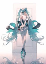 Rule 34 | 1girl, aqua hair, back bow, bow, commentary request, door, envelope, floating hair, flower, from behind, gradient background, green hair, hatsune miku, high heels, highres, holding, holding flower, long hair, mikusymphony, reflection, rose, skirt, thighhighs, twintails, very long hair, vocaloid