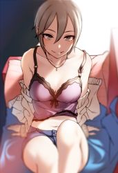 Rule 34 | 1girl, arm support, bare shoulders, blanket, blue shorts, blurry, blurry background, blurry foreground, breasts, camisole, cardigan, cleavage, collarbone, couch, depth of field, feet out of frame, grey eyes, grey hair, hair between eyes, highres, idolmaster, idolmaster cinderella girls, indoors, jewelry, kakaobataa, knees up, long sleeves, looking at viewer, medium breasts, navel, necklace, o-ring, o-ring top, off shoulder, on couch, open cardigan, open clothes, parted lips, pillow, purple camisole, shade, shiomi syuko, short hair, short shorts, shorts, sitting, sleeves past wrists, smile, solo, stomach, white cardigan