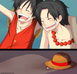 Rule 34 | 2boys, black hair, brothers, burning, closed eyes, freckles, hat, unworn hat, unworn headwear, jewelry, male focus, monkey d. luffy, multiple boys, necklace, one piece, open mouth, paper, portgas d. ace, siblings, smile, straw hat, vest