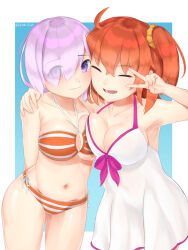 Rule 34 | 2girls, ahoge, arm around shoulder, armpits, bikini, blue background, blush, border, breasts, cleavage, closed eyes, collarbone, commentary request, cosplay, costume switch, fate/grand order, fate (series), fujimaru ritsuka (female), hair ornament, hair over one eye, hair scrunchie, halterneck, highres, hirota fruit, large breasts, looking at viewer, mash kyrielight, medium breasts, multiple girls, navel, open mouth, orange hair, purple eyes, purple hair, scrunchie, short hair, side-tie bikini bottom, side ponytail, smile, striped bikini, striped clothes, swimsuit, thighs, twitter username, v, white border