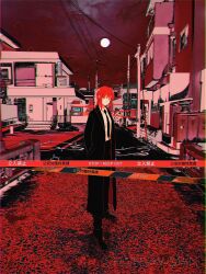 Rule 34 | 1girl, black coat, black necktie, black pants, braid, braided ponytail, caution tape, chainsaw man, coat, collared shirt, highres, looking at viewer, makima (chainsaw man), medium hair, moon, necktie, pants, power lines, red eyes, red hair, red sky, red theme, road, sensui n2, shirt, shirt tucked in, sky, solo, street, white shirt, wide shot