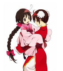 Rule 34 | 2girls, ahoge, arms up, axis powers hetalia, bad id, bad pixiv id, blush, bow, braid, brown eyes, brown hair, bun cover, carrying, china (hetalia), china dress, chinese clothes, closed eyes, double bun, dress, genderswap, genderswap (mtf), hair bow, hair bun, hanbok, happy tears, hirosuke, hirosuke (psychexx), korea (hetalia), korean clothes, long hair, multiple girls, open mouth, simple background, sleeves past wrists, slippers, smile, tears, teeth, very long hair, white background, white legwear, wide sleeves