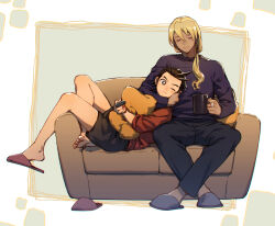 Rule 34 | 2boys, :t, ace attorney, antenna hair, apollo justice, black pants, black shorts, blonde hair, blue footwear, brown eyes, brown hair, closed eyes, controller, couch, crossed ankles, cup, dark-skinned male, dark skin, earrings, hair between eyes, hair over shoulder, hi-fi (fijazzy), holding, holding cup, holding remote control, jewelry, klavier gavin, knees up, long hair, long sleeves, low ponytail, lying, male focus, multiple boys, hugging object, on back, on couch, one eye closed, pants, pillow, pillow hug, purple footwear, purple shirt, red shirt, remote control, ring, shirt, shoe dangle, shoes, unworn shoes, shorts, single shoe, sitting, sleeves rolled up, slippers, smile, wavy hair